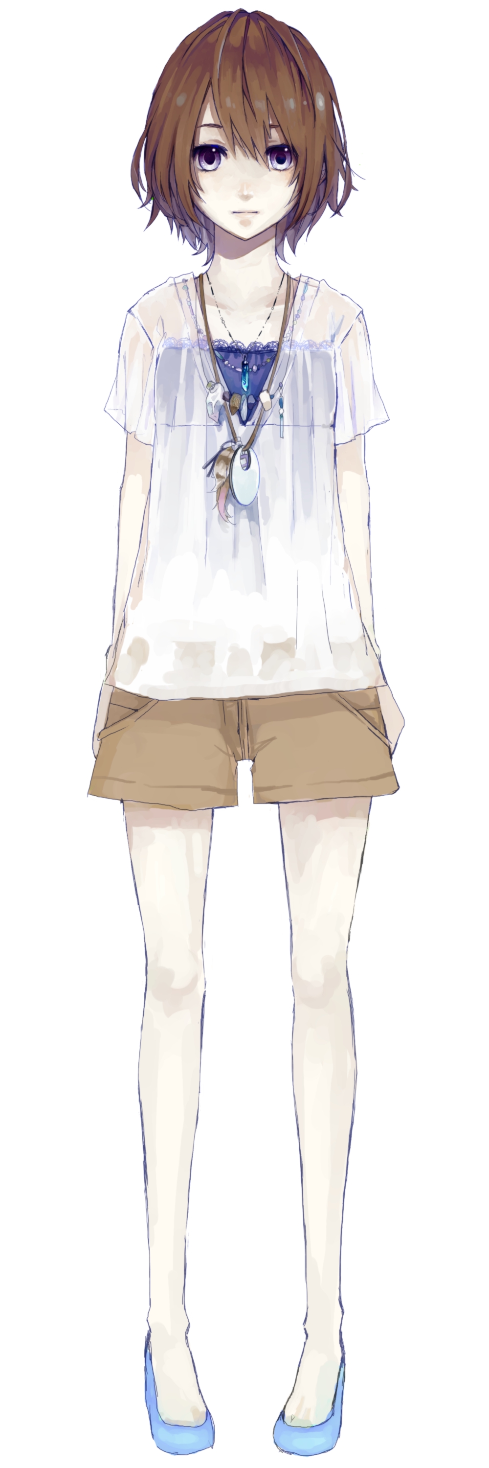 absurdres bad_id bad_pixiv_id blue_footwear brown_hair crimsonseed highres jewelry looking_at_viewer necklace original short_hair shorts simple_background solo tall_image violet_eyes white_background