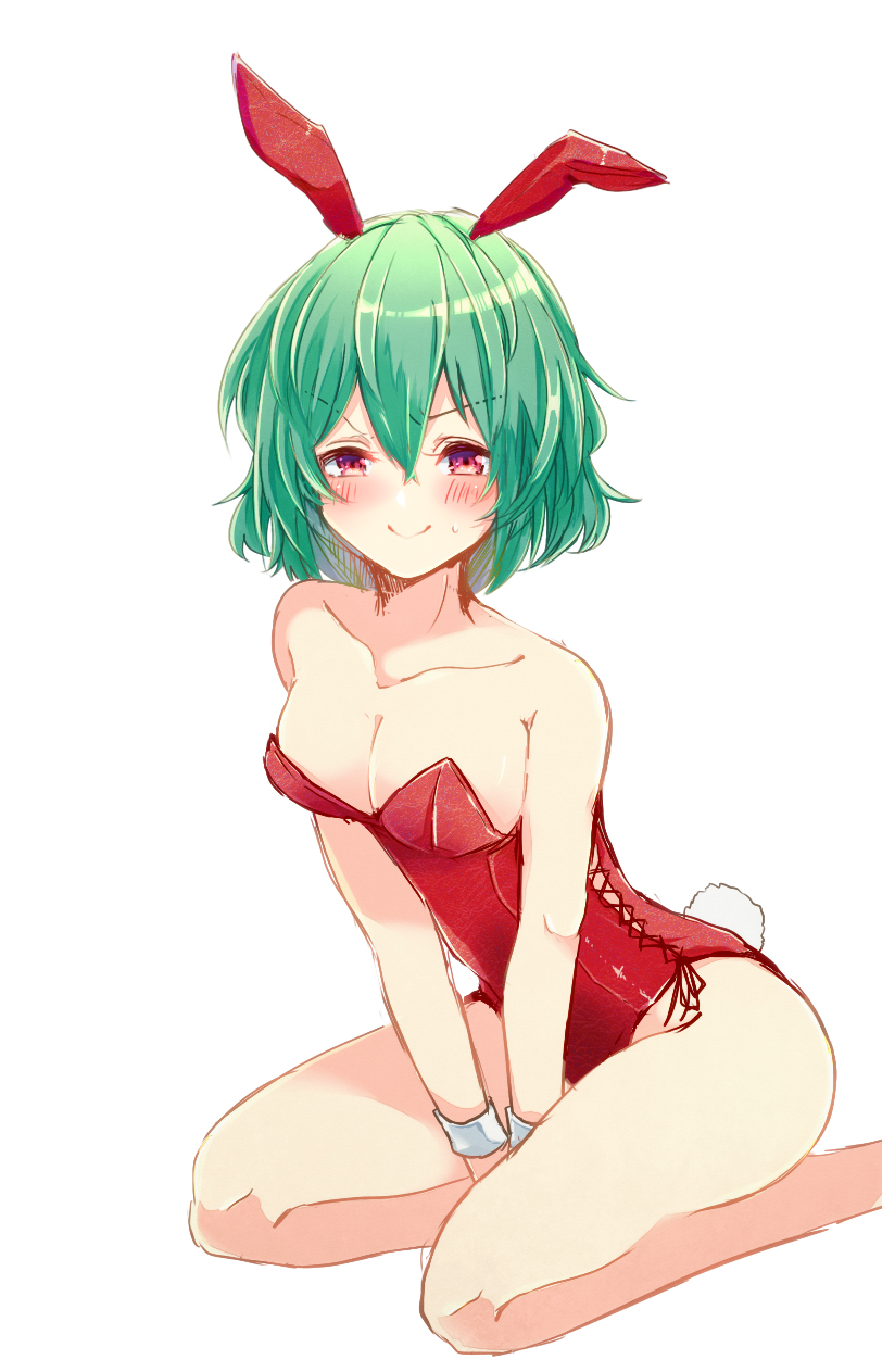 1girl alternate_costume animal_ears aoi_(annbi) bangs bare_arms bare_shoulders between_legs blush breasts bunny_tail bunnysuit cleavage closed_mouth frown green_eyes hand_between_legs highres kazami_yuuka leotard looking_at_viewer medium_breasts rabbit_ears red_eyes red_leotard simple_background sitting solo sweatdrop tail touhou v_arms white_background wrist_cuffs