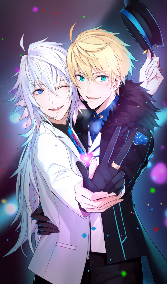 2boys ;d ahoge aqua_eyes arm_around_waist black_gloves black_hat black_jacket blonde_hair blue_eyes blue_neckwear blurry blurry_background breasts breath cowboy_shot emblem eyebrows_visible_through_hair fate/grand_order fate_(series) foreshortening fur-trimmed_jacket fur_trim gloves hand_holding hat hat_tip headwear_removed heart highres holding holding_hat jacket jewelry large_breasts long_sleeves looking_at_viewer male_focus merlin_(fate/stay_night) multiple_boys necktie one_eye_closed open_clothes open_jacket open_mouth outstretched_arm ring round_teeth saber_(fate/prototype) shijiu_(adamhutt) shirt silver_hair smile standing sweat teeth white_shirt yaoi