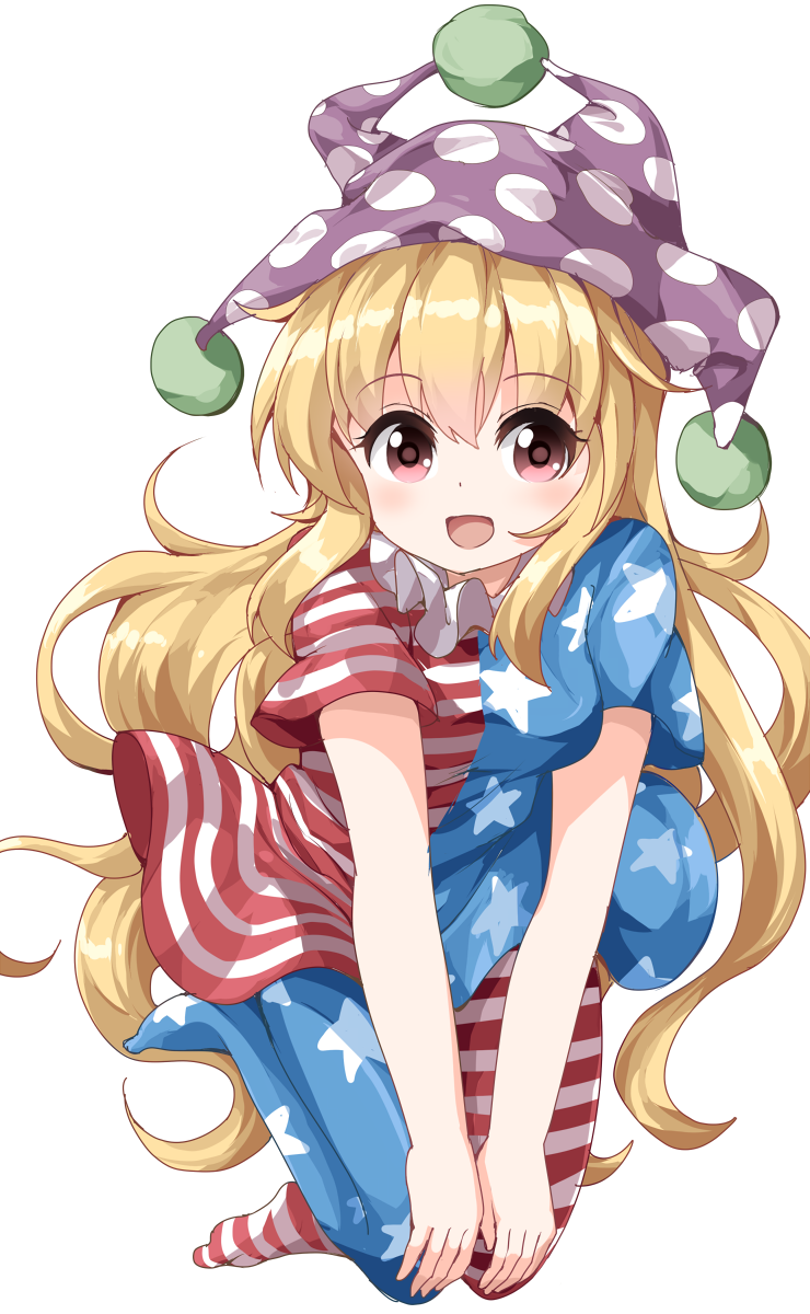 1girl :d american_flag_dress american_flag_legwear blonde_hair blush breasts clownpiece commentary_request eyebrows_visible_through_hair frilled_shirt_collar frills full_body hair_between_eyes hat highres horizontal-striped_legwear horizontal_stripes jester_cap leaning_forward long_hair looking_at_viewer medium_breasts neck_ruff no_shoes open_mouth pantyhose pink_eyes polka_dot polka_dot_hat print_legwear purple_hat ruu_(tksymkw) short_sleeves simple_background smile solo star star_print striped striped_legwear touhou v_arms very_long_hair white_background