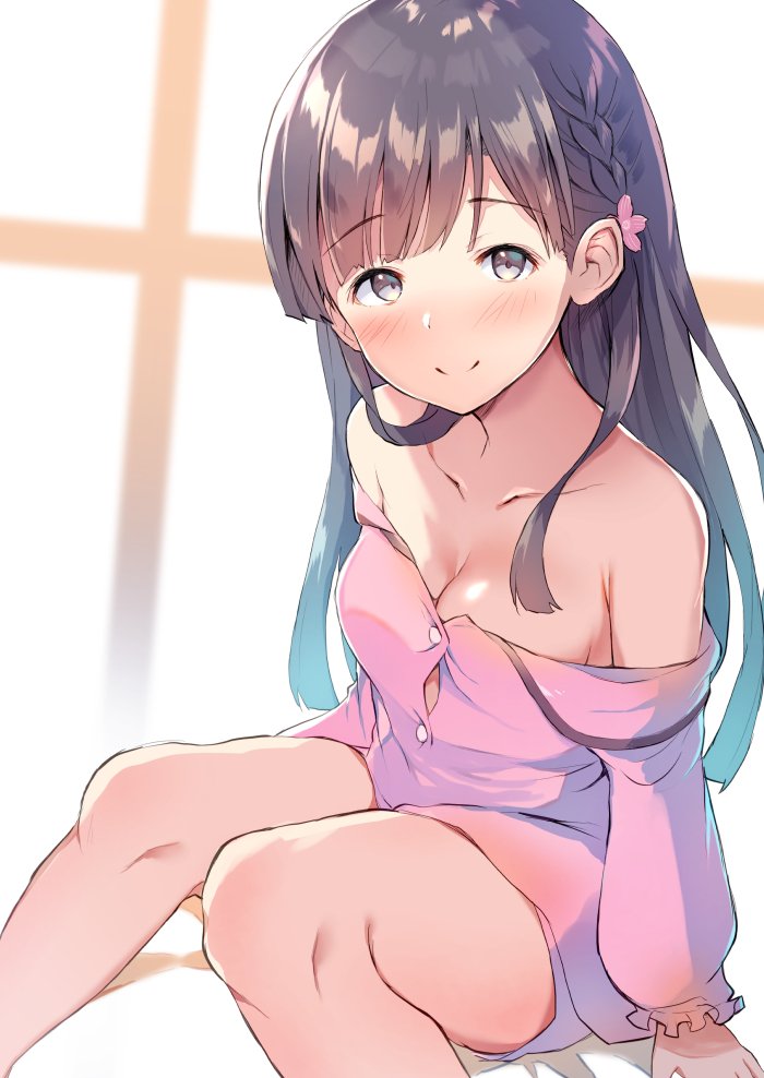 1girl bangs bare_legs bare_shoulders blunt_bangs blush braid breasts brown_hair cleavage collarbone eyebrows_visible_through_hair grey_eyes idolmaster idolmaster_cinderella_girls kobayakawa_sae long_hair long_sleeves medium_breasts off_shoulder pink_shirt shirt simple_background sitting smile solo straight_hair ultone_(neisiss)