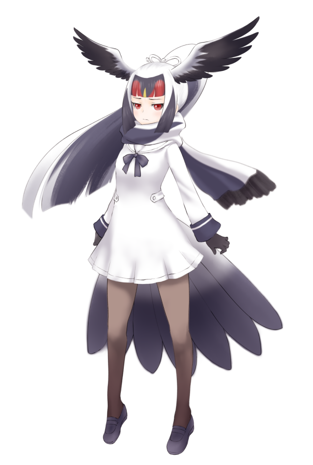 1girl arms_at_sides bangs bird_tail bird_wings black_bow black_footwear black_gloves black_hair black_neckwear blonde_hair blunt_bangs bow bowtie brown_legwear closed_mouth dress eyebrows feathered_wings feathers full_body gloves hair_ribbon head_wings high_ponytail ise_(0425) kemono_friends legs_apart loafers long_hair long_sleeves multicolored_hair pantyhose red_eyes redhead ribbon sailor_collar sailor_dress scarf shoes sidelocks simple_background sleeve_cuffs solo tail very_long_hair white-naped_crane_(kemono_friends) white_background white_hair white_ribbon white_sailor_collar wings