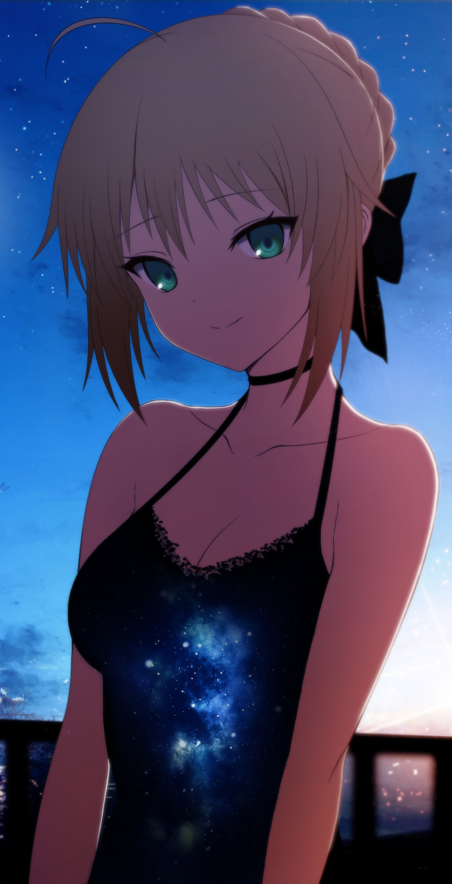 1girl ahoge artoria_pendragon_(all) backlighting bangs bare_arms bare_shoulders black_bow black_dress blonde_hair blue_sky blurry bow braid breasts casual cleavage closed_mouth clouds collarbone commentary_request depth_of_field dress evening eyebrows_visible_through_hair fate/stay_night fate_(series) french_braid green_eyes hair_between_eyes hair_bow halterneck highres looking_at_viewer man_hi_dun print_dress railing saber shade short_hair sidelocks sky sleeveless sleeveless_dress small_breasts smile solo space_print star_(sky) starry_sky starry_sky_print twilight upper_body