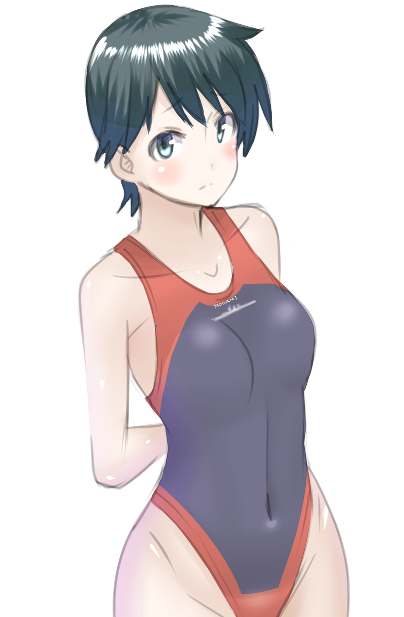 1girl 30-06 arms_behind_back black_eyes black_swimsuit blue_eyes breasts collarbone competition_swimsuit covered_navel cowboy_shot groin highleg highleg_leotard highres kantai_collection leotard looking_at_viewer mogami_(kantai_collection) one-piece_swimsuit short_hair simple_background small_breasts solo swimsuit white_background