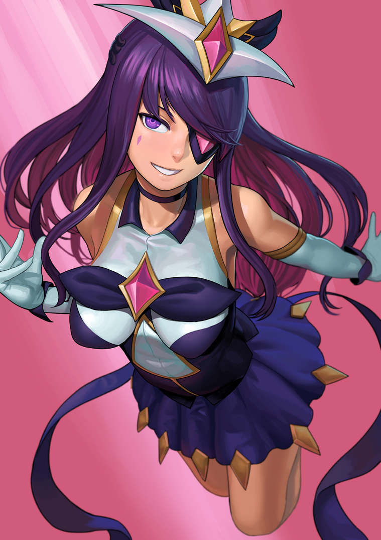 1girl bare_shoulders breasts choker elbow_gloves eyepatch facial_mark gloves headdress lasterk league_of_legends long_hair looking_at_viewer magical_girl medium_breasts parted_lips pink_background purple_hair skirt smile solo star_guardian_syndra syndra violet_eyes white_gloves