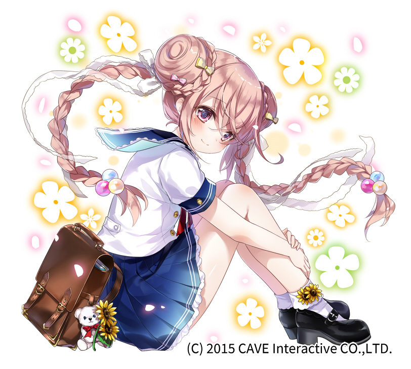 1girl 2015 amy_(gothic_wa_mahou_otome) backpack bag bag_removed bangs black_footwear blush bobby_socks bookbag bow bowtie braid buckle closed_mouth company_name crossed_bangs double_bun emia_(castilla) eyebrows_visible_through_hair floating_hair floral_background flower french_braid from_side full_body glowing glowing_flower glowing_petals gothic_wa_mahou_otome hair_between_eyes hair_bobbles hair_bow hair_ornament hair_ribbon knees_up leg_hug light_brown_hair long_hair looking_at_viewer looking_to_the_side mary_janes navy_blue_skirt neck_ribbon official_art pink_bow pink_eyes pleated_skirt red_bow red_neckwear red_ribbon ribbon school_bag school_uniform serafuku shiny shiny_hair shoes short_sleeves sitting skirt smile socks solo stuffed_animal stuffed_toy sunflower tareme teddy_bear twin_braids twintails very_long_hair white_background white_legwear white_ribbon yellow_bow yellow_flower