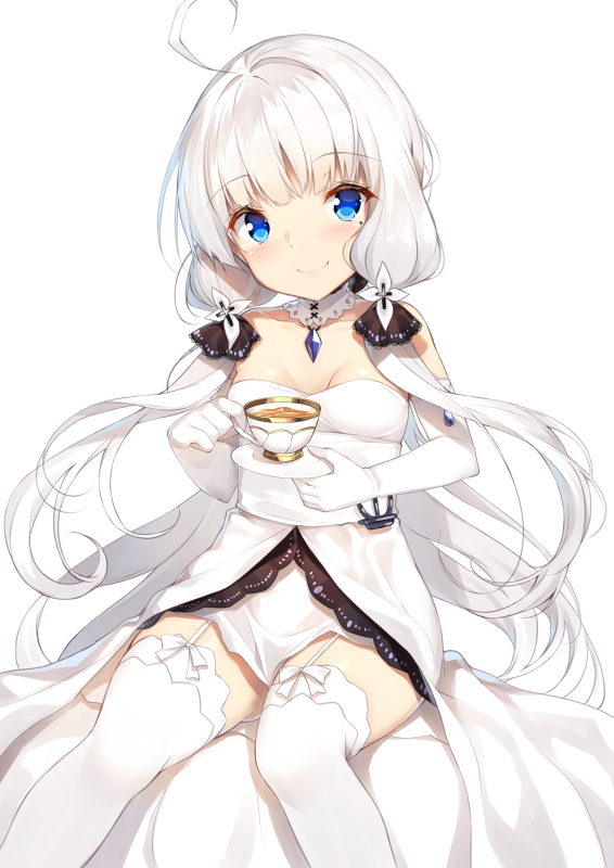 1girl ahoge anchor azur_lane bangs bare_shoulders blue_eyes blush breasts closed_mouth collarbone commentary_request cup detached_collar dress elbow_gloves eyebrows_visible_through_hair floating_hair flower garter_straps gem gloves hair_flower hair_ornament head_tilt holding holding_cup holding_plate illustrious_(azur_lane) jewelry latin_cross long_dress long_hair looking_at_viewer low_twintails mole mole_under_eye pendant plate simple_background sitting small_breasts smile solo strapless strapless_dress tea teacup thigh-highs twintails very_long_hair white white_background white_dress white_gloves white_hair white_legwear yappen younger