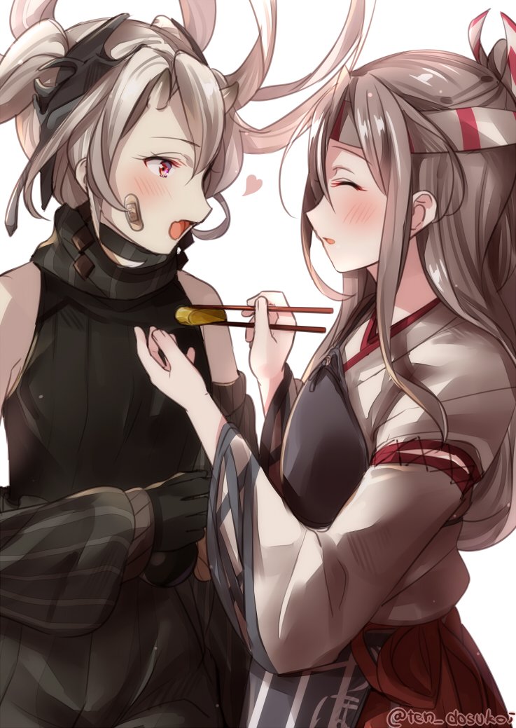 2girls abyssal_crane_hime apron bandaid bandaid_on_face black_sweater closed_eyes commentary_request cowboy_shot detached_sleeves feeding grey_hair hachimaki hair_between_eyes headband high_ponytail horns japanese_clothes juurouta kantai_collection long_hair multiple_girls muneate ponytail red_eyes red_shorts shinkaisei-kan shorts sweater sweater_vest twitter_username white_hair zuihou_(kantai_collection)