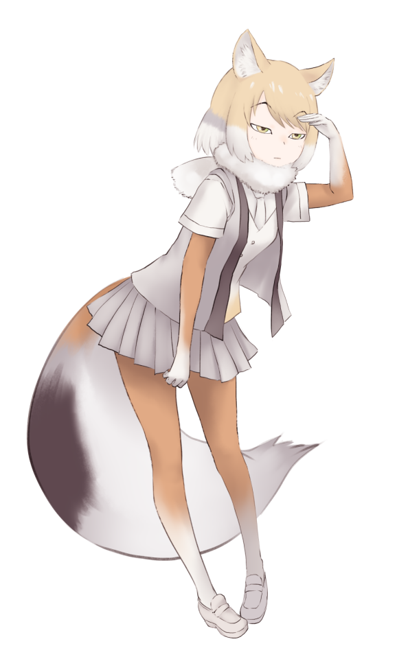 1girl animal_ears bangs blonde_hair bodysuit breasts buttons closed_mouth eyebrows eyebrows_visible_through_hair facing_away fox_ears fox_tail full_body fur_collar grey_hair grey_skirt hand_over_eye hand_up ise_(0425) kemono_friends leaning leaning_forward loafers looking_away miniskirt multicolored multicolored_clothes multicolored_legwear necktie open_clothes open_shirt pantyhose pigeon-toed pleated_skirt shoes short_hair short_sleeves simple_background skirt small_breasts solo standing swept_bangs tail tibetan_sand_fox_(kemono_friends) vest white_background white_footwear white_hair white_neckwear yellow_eyes