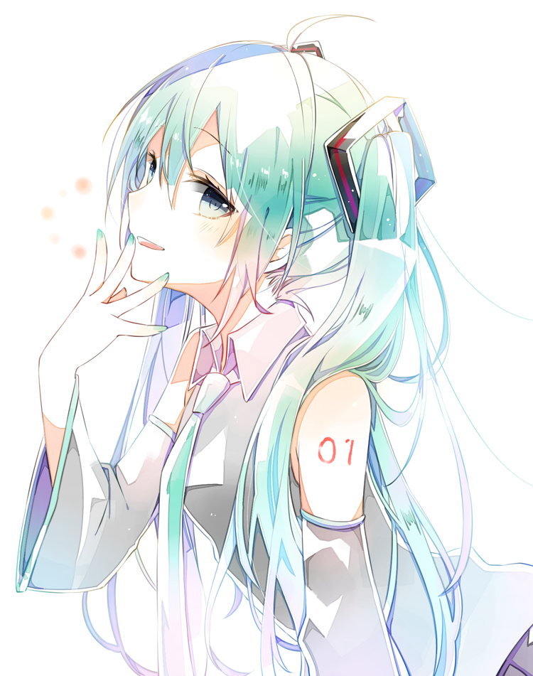 1girl ahoge aqua_eyes aqua_hair aqua_nails aqua_neckwear bare_shoulders commentary_request detached_sleeves emo_(ricemo) hand_up hatsune_miku long_hair looking_at_viewer nail_polish necktie open_mouth shirt sleeveless sleeveless_shirt solo twintails upper_body vocaloid white_background wide_sleeves