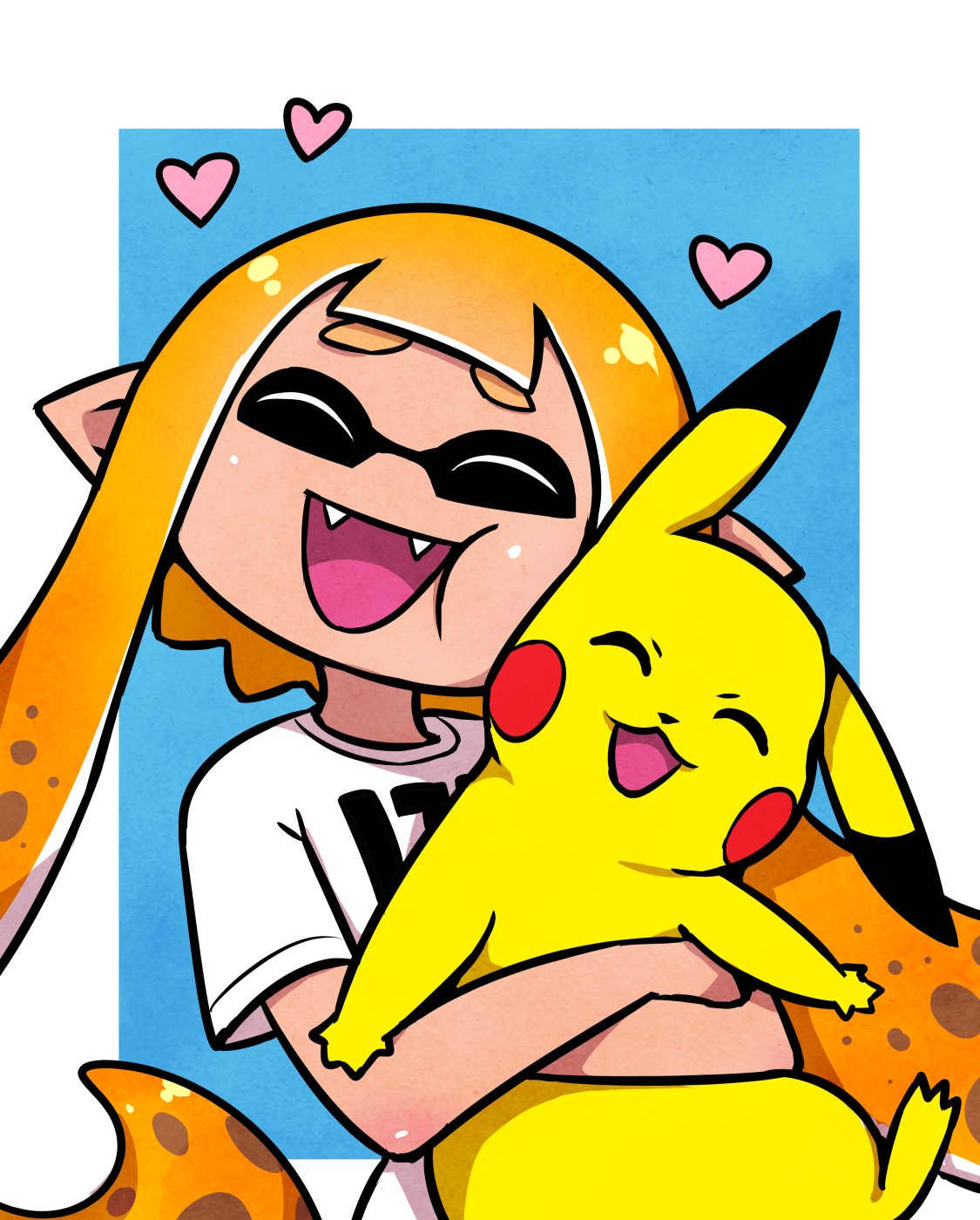 1girl akairiot bangs blunt_bangs closed_eyes cosplay domino_mask fangs highres hug inkling long_hair mask orange_hair pikachu pikachu_(cosplay) pointy_ears pokemon pokemon_(creature) pokemon_(game) smile splatoon splatoon_1 super_smash_bros. tentacle_hair