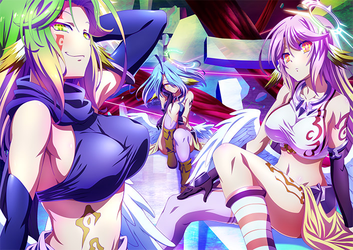3girls ahoge angel_wings azriel_(no_game_no_life) blue_hair breasts crop_top cross feathered_wings gloves gradient green_eyes green_hair halo huge_ahoge jibril_(no_game_no_life) large_breasts long_hair looking_at_viewer low_wings magic_circle midriff mismatched_legwear multicolored multicolored_eyes multicolored_hair multiple_girls navel no_game_no_life official_art pink_hair raphael_(no_game_no_life) sideboob sitting smile symbol-shaped_pupils tattoo very_long_hair violet_eyes white_wings wing_ears wings yellow_eyes