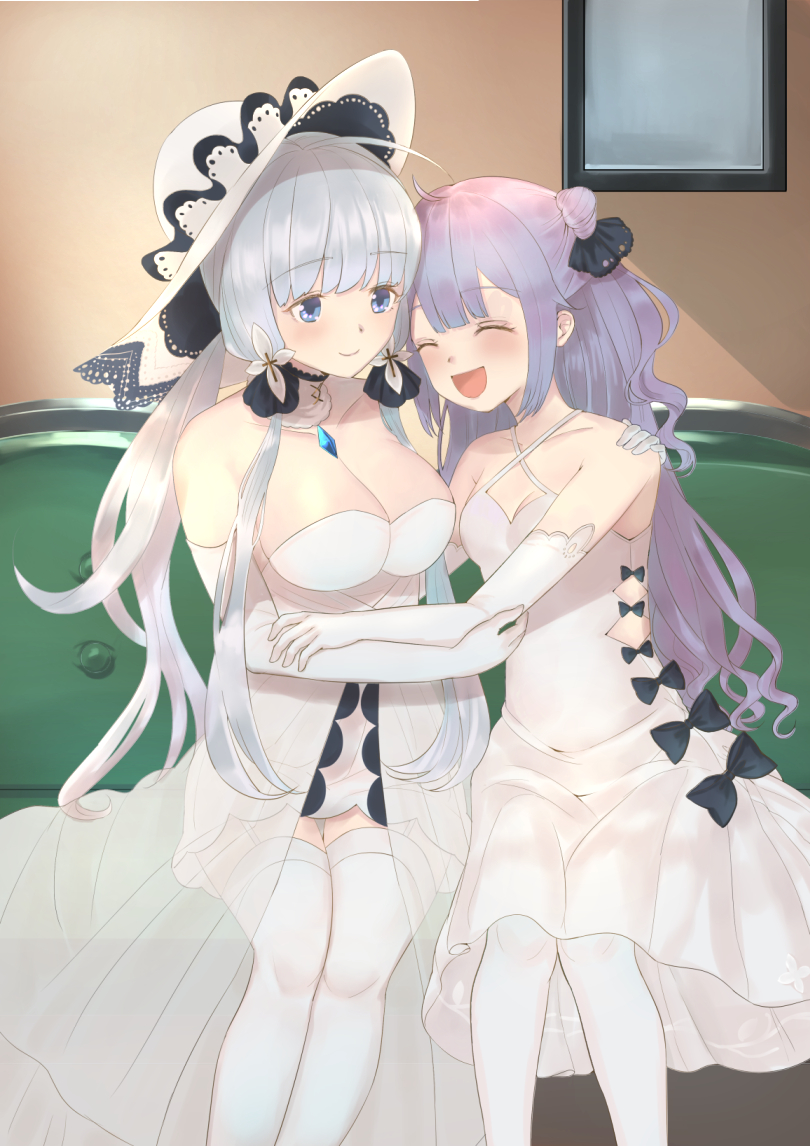 1girl :d ^_^ ahoge azur_lane bad_revision bangs bare_shoulders black_bow black_ribbon blue_eyes bow breasts cleavage closed_eyes closed_mouth collarbone commentary_request couch criss-cross_halter downscaled_revision dress eikura elbow_gloves eyebrows_visible_through_hair gloves hair_bun hair_ornament hair_ribbon halterneck hand_on_another's_shoulder hat illustrious_(azur_lane) indoors large_breasts long_hair low_twintails on_couch one_side_up open_mouth purple_hair ribbon side_bun silver_hair sitting small_breasts smile solo thigh-highs twintails unicorn_(azur_lane) very_long_hair white_dress white_gloves white_hat white_legwear