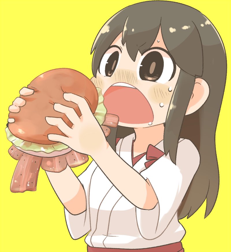 1girl akagi_(kantai_collection) bacon black_eyes black_hair blush commentary drooling eating food hamburger inishie japanese_clothes kantai_collection long_hair open_mouth solo sweat tasuki upper_body yellow_background