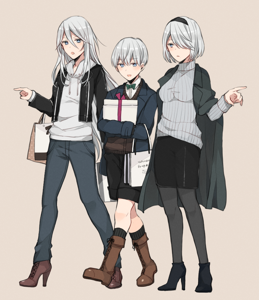 1boy 2girls :d alternate_costume black_footwear black_hairband black_jacket black_shorts black_skirt blue_jacket boots brown_footwear carrying_bag casual denim full_body gift grey_sweater hair_over_one_eye hairband high_heel_boots high_heels holding holding_gift jacket jacket_on_shoulders jeans kurosawa_kazuto long_hair long_sleeves looking_at_another looking_down mole mole_under_mouth multiple_girls nier_(series) nier_automata open_clothes open_jacket open_mouth pants pantyhose pointing_to_the_side short_hair shorts silver_hair simple_background skirt smile striped vertical_stripes very_long_hair white_hoodie yorha_no._2_type_b yorha_no._9_type_s yorha_type_a_no._2