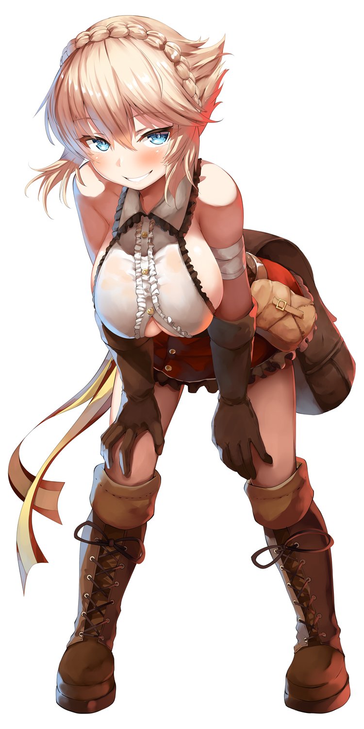 1girl bag bare_shoulders blonde_hair blue_eyes blush boots breasts cleavage dolly_(sennen_sensou_aigis) gloves highres large_breasts leaning_forward lolicept looking_at_viewer parted_lips sennen_sensou_aigis short_hair skirt sleeveless smile solo standing