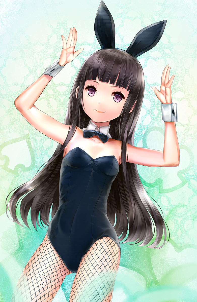 1girl animal_ears arms_up bangs black_hair black_leotard black_neckwear blue_background blunt_bangs bow bowtie breasts brown_eyes bunny_girl bunnysuit detached_collar fishnet_pantyhose fishnets highres hourainingyou leotard long_hair original pantyhose rabbit_ears small_breasts smile solo strapless strapless_leotard wrist_cuffs