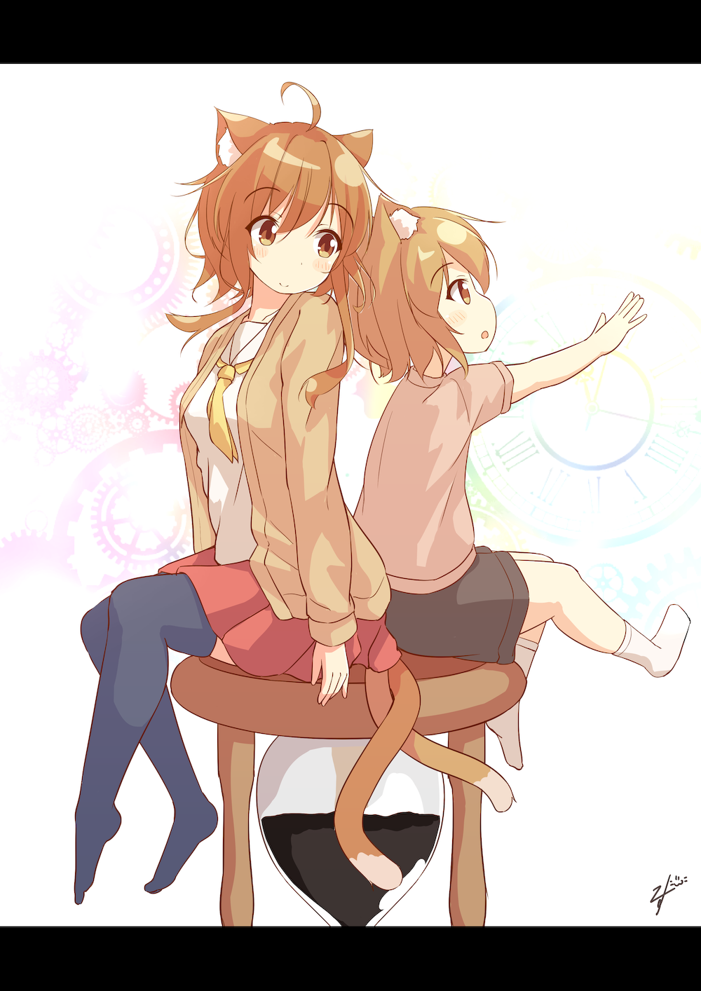 2girls :o ahoge animal_ears bangs black_legwear black_shorts blush brown_eyes brown_shirt cardigan cat_ears cat_girl cat_tail closed_mouth commentary_request dual_persona eyebrows_visible_through_hair gears hair_between_eyes highres hourglass letterboxed light_brown_hair long_hair long_sleeves mizutan64 multiple_girls neckerchief no_shoes open_cardigan open_clothes original outstretched_arm parted_lips pleated_skirt red_skirt school_uniform serafuku shirt short_shorts short_sleeves shorts signature sitting skirt smile socks tail thigh-highs time_paradox white_background white_legwear white_shirt yellow_neckwear