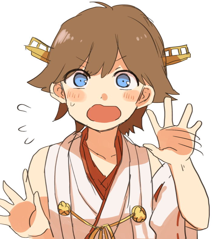 1girl blue_eyes blush blush_stickers brown_hair commentary_request flustered headgear headwear hiei_(kantai_collection) ina_(1813576) japanese_clothes kantai_collection nontraditional_miko open_mouth short_hair sweatdrop white_background