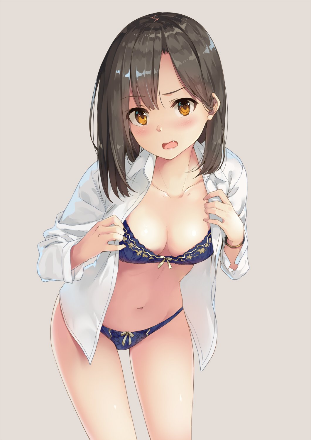 1girl blue_bra blue_panties blush bra bracelet breasts brown_eyes brown_hair cleavage cowboy_shot eyebrows_visible_through_hair fang highres jewelry leaning_forward looking_at_viewer medium_hair navel open_clothes open_mouth open_shirt original panties simple_background solo unasaka_ryou underwear