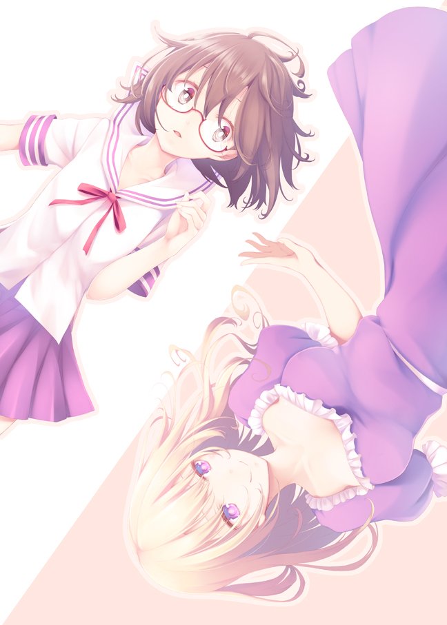 2girls ahoge blonde_hair blouse breasts breasts_apart brown_hair closed_mouth collar collarbone collared_blouse commentary_request ear frilled_collar frills glasses long_hair lying maribel_hearn midorino_eni midriff_peek multiple_girls neck_ribbon on_back open_mouth pink_background pleated_skirt puffy_short_sleeves puffy_sleeves purple_blouse purple_skirt red_neckwear ribbon sailor_collar school_uniform semi-rimless_eyewear serafuku short_hair short_sleeves skirt smile touhou two-tone_background usami_sumireko v-neck white_background white_sailor_collar