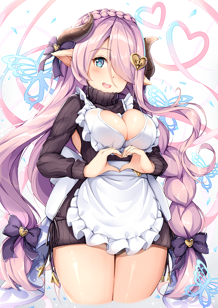 1girl apron black_panties black_ribbon black_sweater blue_eyes blush bow braid breasts butterfly cleavage cleavage_cutout commentary_request cropped_legs draph eyebrows_visible_through_hair frilled_apron frills granblue_fantasy hair_bow hair_ornament hair_over_one_eye heart heart-shaped_pupils heart_hair_ornament heart_hands horns long_hair maid_apron medium_breasts narmaya_(granblue_fantasy) open_mouth panties pointy_ears purple_bow purple_hair ribbon shiero. shiny shiny_skin solo standing sweater symbol-shaped_pupils turtleneck turtleneck_sweater twintails underwear very_long_hair white_apron