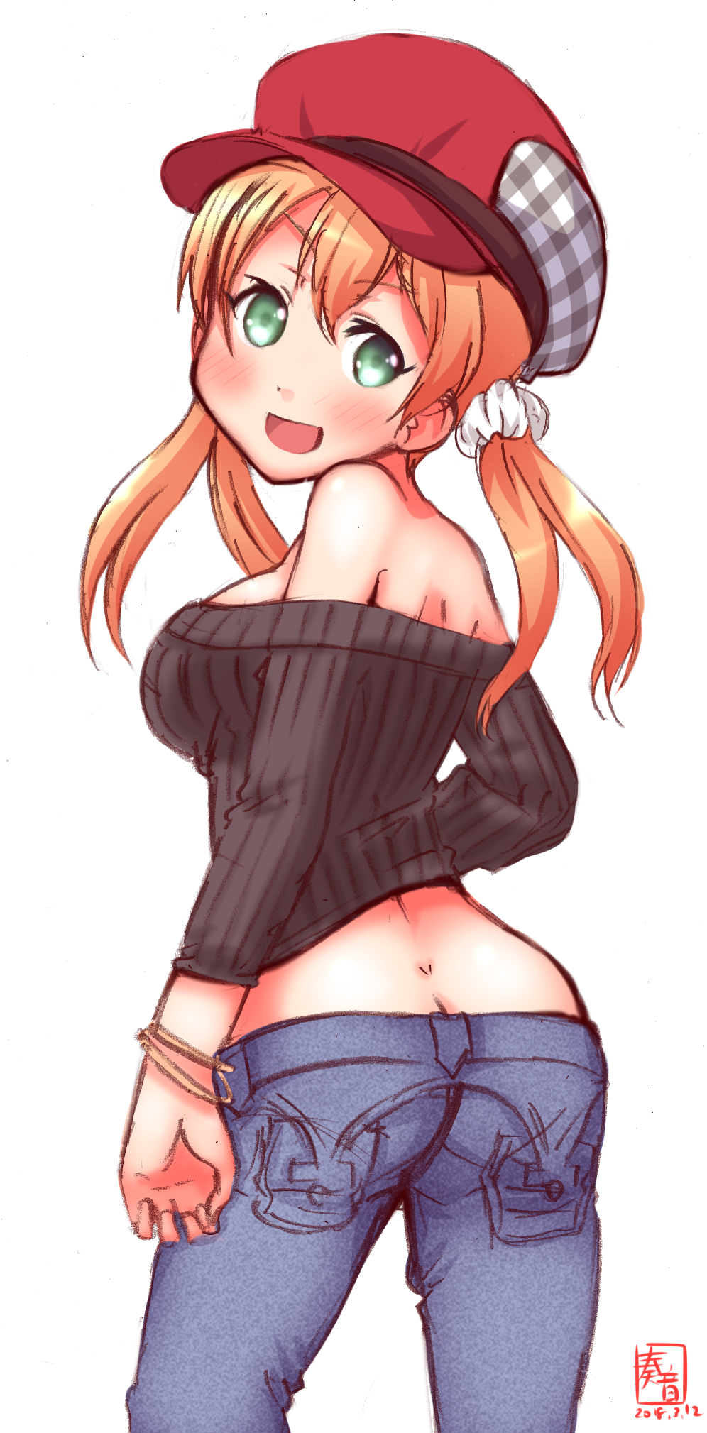 1girl alternate_costume ass beret black_sweater blonde_hair blue_pants butt_crack commentary_request cowboy_shot dated denim from_behind green_eyes hat highres jeans kanon_(kurogane_knights) kantai_collection logo looking_at_viewer looking_back pants prinz_eugen_(kantai_collection) ribbed_sweater simple_background solo sweater twintails white_background