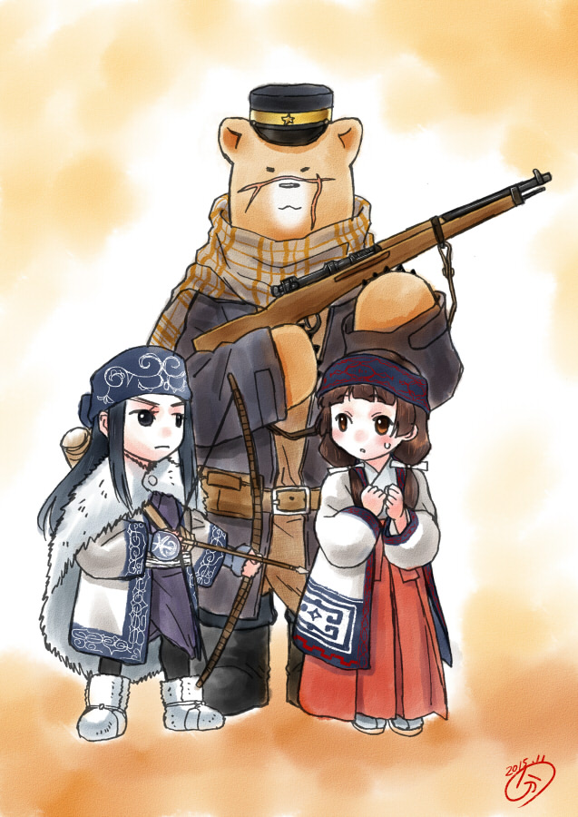 2girls ainu_clothes amayadori_machi arrow asirpa bangs bear black_eyes black_footwear black_hair blunt_bangs boots bow_(weapon) buntaichou cape clenched_hands commentary_request dated golden_kamuy gun hat headband japanese_clothes kumamiko long_hair low_twintails miko multiple_girls rifle sandals scar scarf sugimoto_saichi trait_connection twintails weapon