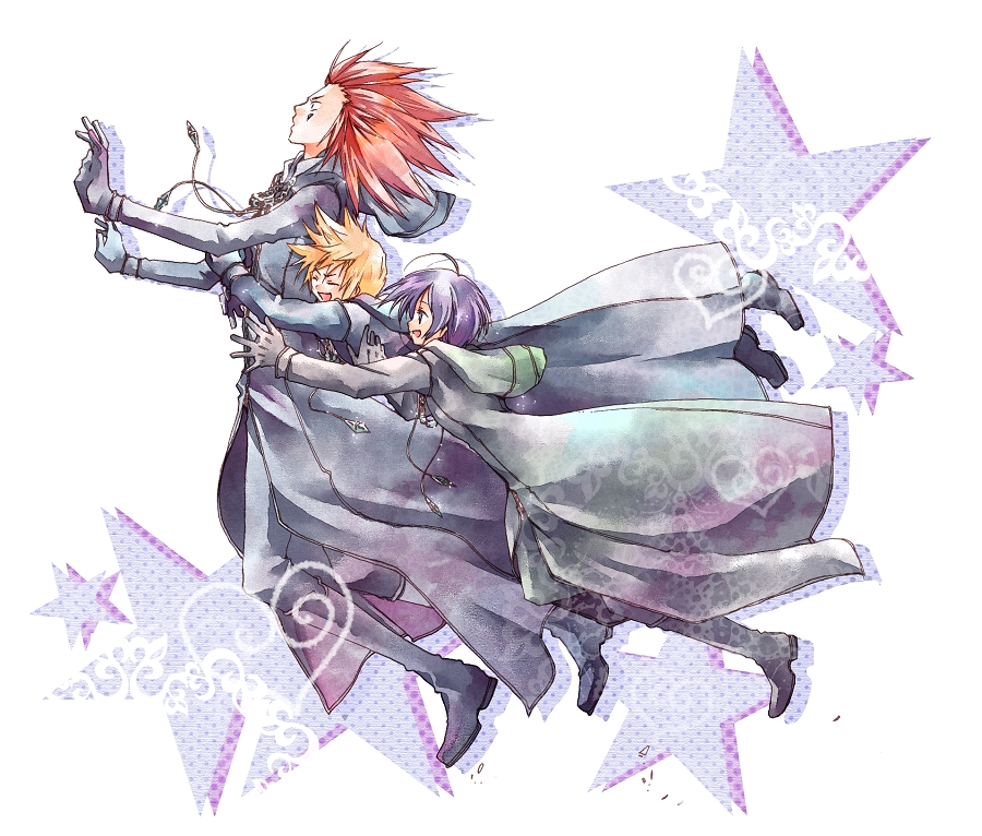 1girl axel_(kingdom_hearts) bad_id bad_pixiv_id black_coat black_coat_(kingdom_hearts) black_gloves black_hair blonde_hair blue_eyes cloak closed_eyes facial_mark gloves kingdom_hearts kingdom_hearts_358/2_days kingdom_hearts_ii m3_(mmm003) medium_hair multiple_boys organization_xiii roxas short_hair spiky_hair xion_(kingdom_hearts)