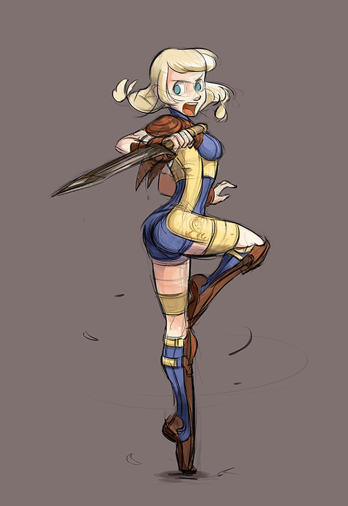 1girl ass blonde_hair blue_eyes breasts brown_background commentary final_fantasy final_fantasy_xii full_body greaves hjay holding holding_weapon long_hair low_twintails medium_breasts pauldrons penelo reverse_grip short_sword sketch solo spinning standing sword tiptoes twintails unitard vambraces weapon