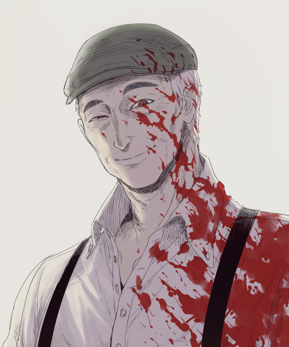 1boy ajin_(sakurai_gamon) blood blood_on_face blood_splatter bloody_clothes flat_cap hat highres ichiban_shibori male_focus old_man open_eyes orange_eyes satou_(ajin) shirt simple_background smile solo suspenders upper_body white_hair