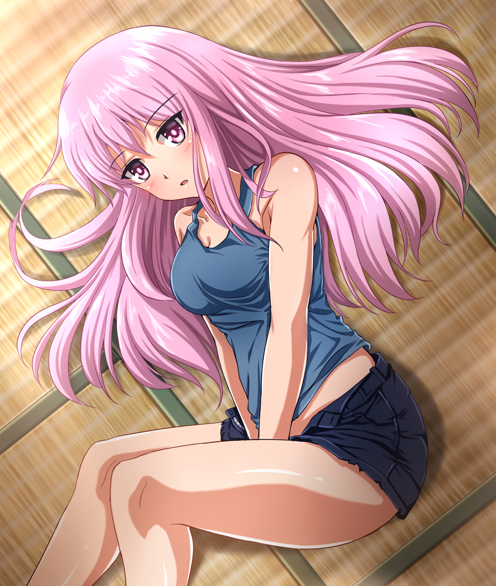 1girl alternate_costume bare_legs bare_shoulders between_legs blue_shorts blue_tank_top breasts cleavage hand_between_legs hata_no_kokoro knees_up looking_at_viewer medium_breasts open_mouth pink_eyes pink_hair shorts solo tank_top tatami touhou zanntetu