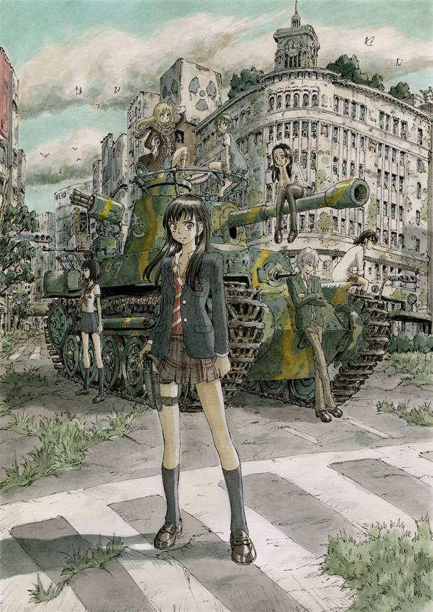 1boy 6+girls bird black_hair black_legwear blazer blonde_hair blue_legwear blue_skirt boots brown_eyes building camouflage caterpillar_tracks city clock clock_tower clouds coat coppelion crosswalk fukasaku_aoi full_body grass green_hair ground_vehicle gun holster inoue_tomonori jacket kneehighs kurosawa_haruto loafers looking_afar looking_at_viewer machine_gun military military_vehicle miniskirt motor_vehicle multiple_girls naruse_ibara necktie nomura_taeko official_art outdoors overgrown ozu_kanon ozu_shion plaid plaid_skirt plant radiation_symbol scarf school_uniform serafuku shoes short_hair silver_hair sitting skirt sky standing striped_neckwear tank thigh-highs thigh_holster tower tsuburaya_mana type_97_chi-ha weapon