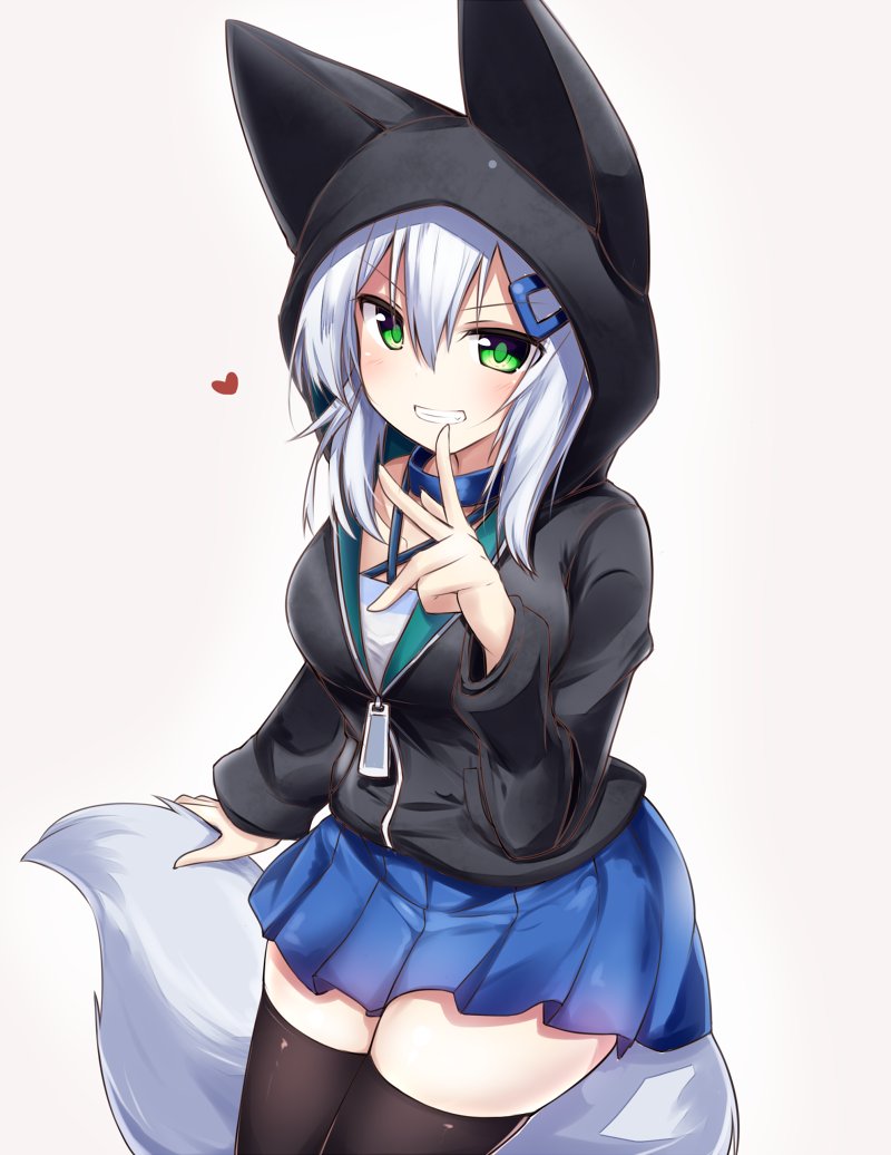 bangs black_hoodie black_legwear blue_skirt blush collar commentary_request cowboy_shot eyebrows_visible_through_hair finger_to_mouth fox_girl fox_tail green_eyes hair_between_eyes hair_ornament hairclip heart holding_tail hood hoodie looking_at_viewer medium_hair original shirogane_kasane silver_hair simple_background skindentation skirt surume_aburi tail teeth thigh-highs white_background zipper