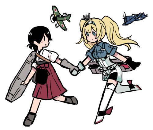 2girls aircraft airplane black_hair blonde_hair blue_eyes commentary gambier_bay_(kantai_collection) gloves hakama hand_holding japanese_clothes kantai_collection kasuga_maru_(kantai_collection) long_hair looking_at_another looking_back lowres multiple_girls partly_fingerless_gloves short_hair terrajin thigh-highs twintails very_long_hair yugake