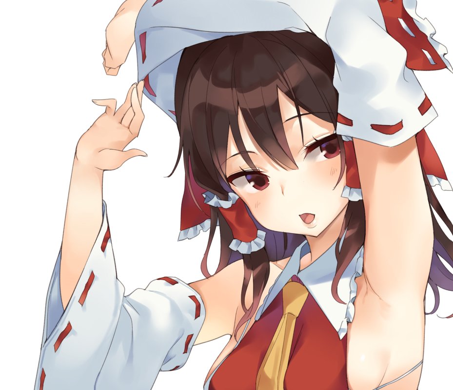 1girl :o armpits arms_up ascot bangs blush bow bra_strap breasts brown_hair detached_sleeves eyebrows_visible_through_hair frilled_bow frilled_hair_tubes frilled_shirt_collar frills hair_bow hakurei_reimu long_hair long_sleeves looking_at_viewer medium_breasts mirei panties ponytail red_bow red_eyes red_shirt ribbon-trimmed_sleeves ribbon_trim shirt sideboob sidelocks simple_background solo touhou underwear upper_body white_background wide_sleeves yellow_neckwear