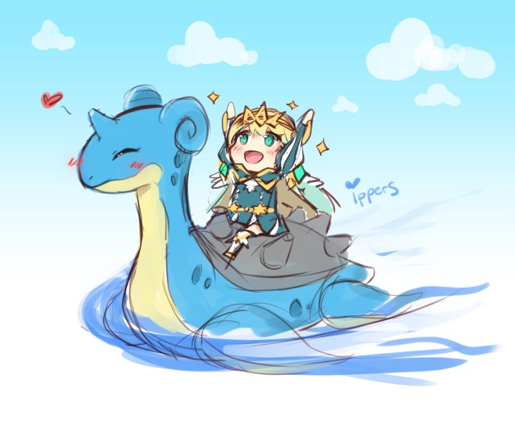 1girl blonde_hair blue_eyes blue_hair creatures_(company) crown earrings feather_trim fire_emblem fire_emblem_heroes fjorm_(fire_emblem_heroes) game_freak gen_1_pokemon gradient gradient_hair intelligent_systems ippers jewelry lapras multicolored_hair nintendo open_mouth pokemon pokemon_(creature) pokemon_(game) short_hair smile super_smash_bros.