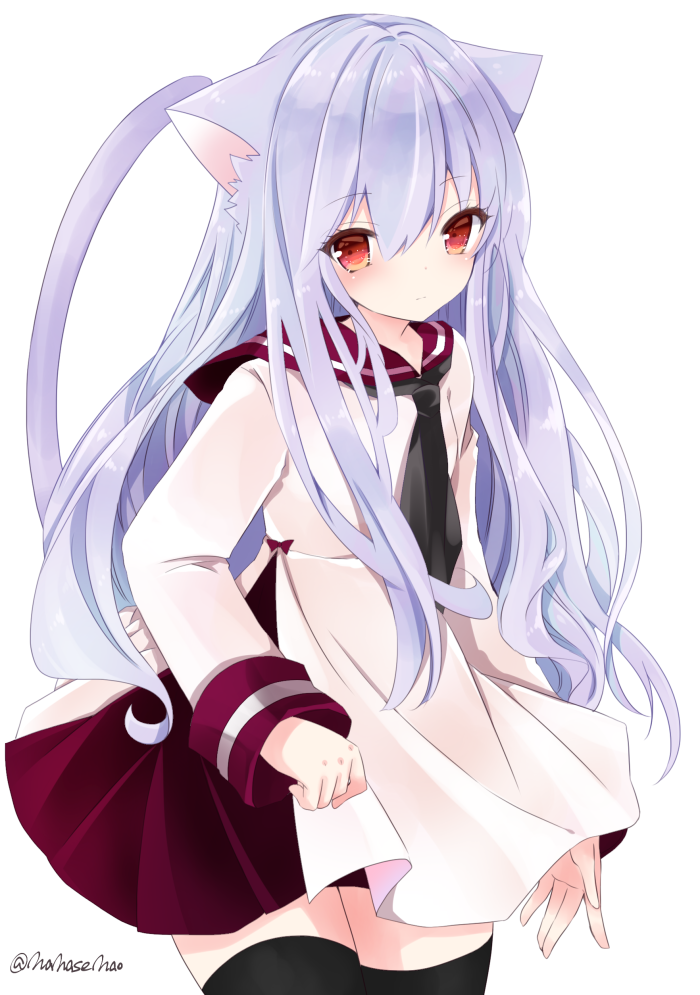 1girl animal_ears bangs black_legwear black_neckwear brown_eyes cat_ears cat_girl cat_tail closed_mouth commentary_request dress eyebrows_visible_through_hair hair_between_eyes long_hair looking_at_viewer nanase_nao necktie original purple_hair purple_sailor_collar sailor_collar sailor_dress simple_background solo tail thigh-highs very_long_hair white_background white_dress