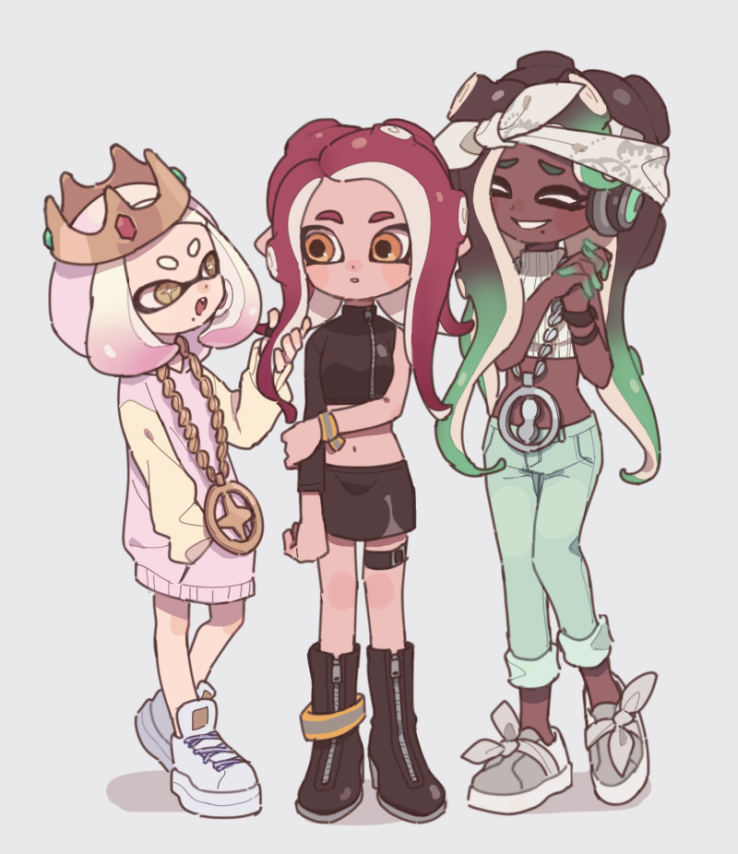 3girls agent_8 artist_request asymmetrical_clothes black_shirt cephalopod_eyes closed_eyes crop_top crown dark_skin domino_mask headband hime_(splatoon) iida_(splatoon) mask midriff miniskirt multiple_girls octarian pink_hair pink_pupils pointy_ears shirt simple_background skirt smile splatoon splatoon_2 splatoon_2:_octo_expansion sweater takozonesu tentacle_hair white_hair