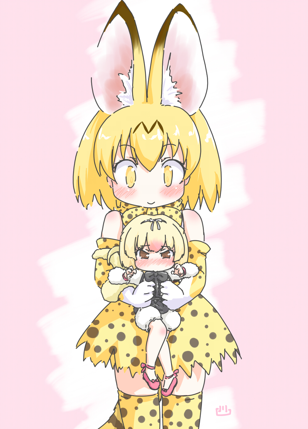 2girls animal_ears bare_legs bare_shoulders blonde_hair blush bow bowtie carrying dress_shoes elbow_gloves eyebrows_visible_through_hair full-face_blush gloves hair_bow highres kemono_friends long_sleeves multicolored_hair multiple_girls puffy_sleeves serval_(kemono_friends) serval_ears serval_print serval_tail short_hair silky_anteater_(kemono_friends) skirt tail thigh-highs uho_(uhoyoshi-o) vest