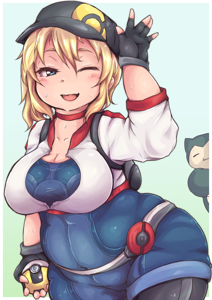 1girl ass belly belt big_belly black_legwear blush breasts cleavage covered_navel fat hair_between_eyes hat heo holding_object large_breasts looking_at_viewer one_eye_closed plump poke_ball pokemon pokemon_go pokemon_trainer shirt smile snorlax ultra_ball waving white_shirt