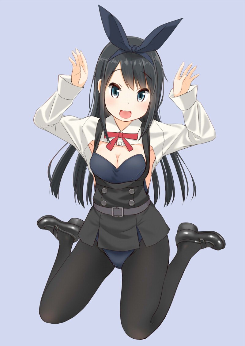 1girl animal_ears arm_warmers asashio_(kantai_collection) black_hair black_legwear blue_eyes blue_leotard breasts bunny_girl bunny_tail bunnysuit buttons cleavage detached_collar dress fake_animal_ears kantai_collection leotard leotard_under_clothes long_hair long_sleeves neck_ribbon pantyhose pinafore_dress pleated_skirt rabbit_ears remodel_(kantai_collection) retsumaru ribbon school_uniform shirt shoes sitting skirt small_breasts solo strapless strapless_leotard tail wariza white_shirt wrist_cuffs