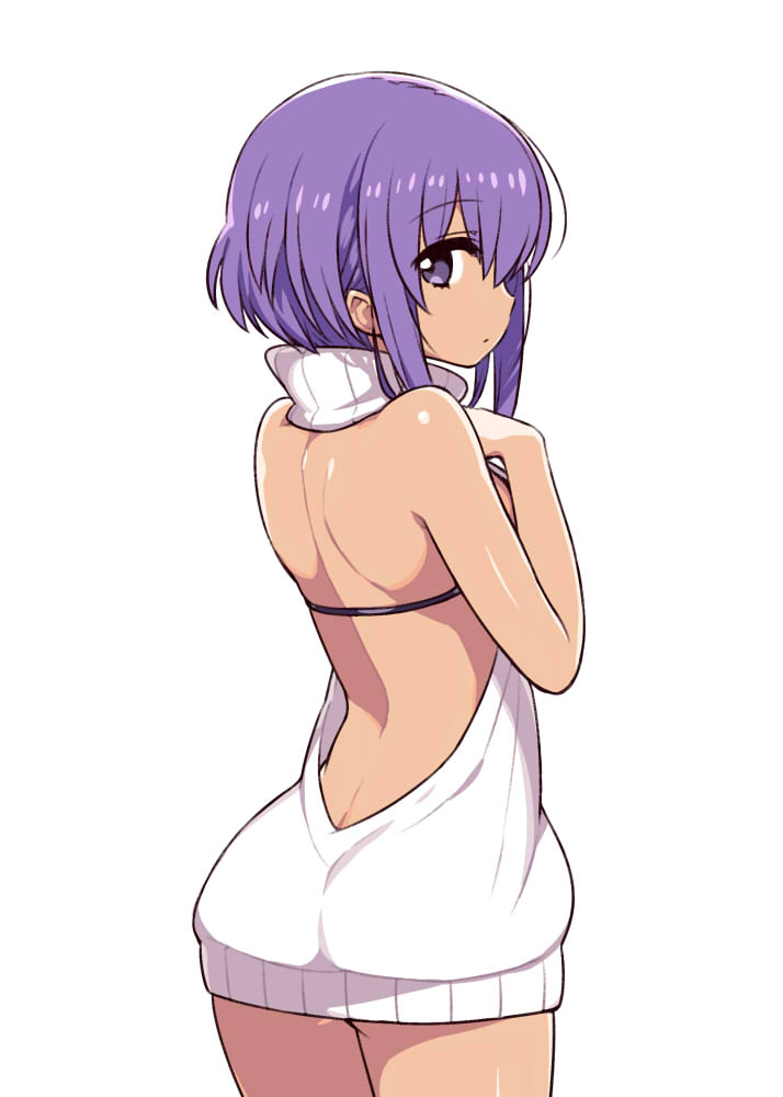 1girl ass breasts chan_co cowboy_shot dark_skin eyebrows_visible_through_hair fate/prototype fate/prototype:_fragments_of_blue_and_silver fate_(series) from_behind hassan_of_serenity_(fate) jpeg_artifacts legs legs_together meme_attire profile purple_hair ribbed_sweater short_hair shoulder_blades simple_background small_breasts solo sweater turtleneck turtleneck_sweater type-moon violet_eyes virgin_killer_sweater white_sweater