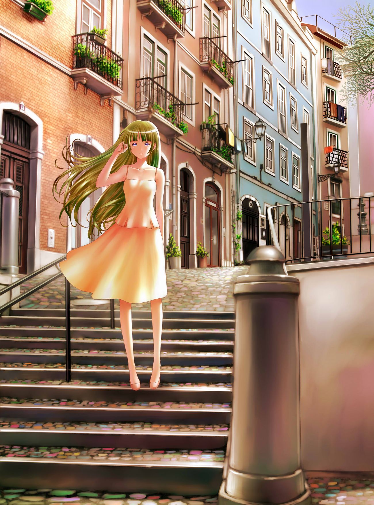 1girl blonde_hair check_commentary clothes commentary commentary_request day dress hand_in_hair highres house lamppost landscape long_hair original partial_commentary portugal road smile stairs street tree violet_eyes wind yusao