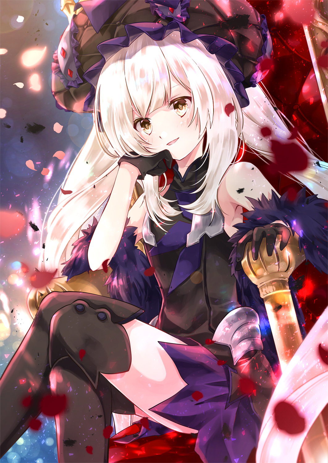 1girl alternate_color black_gloves black_legwear fate/grand_order fate_(series) gloves hat highres iroha_(shiki) legs_crossed long_hair marie_antoinette_(fate/grand_order) parted_lips petals rose_petals silver_hair sleeveless smile solo thigh-highs twintails very_long_hair yellow_eyes