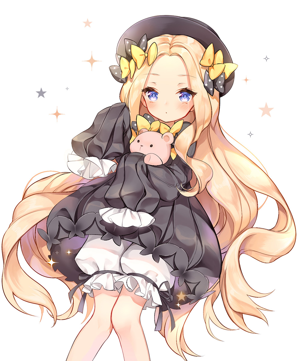 1girl abigail_williams_(fate/grand_order) bangs big_hair black_bow black_dress black_hat blonde_hair bloomers blue_eyes blush bow butterfly closed_mouth commentary_request dress eyebrows_visible_through_hair fate/grand_order fate_(series) forehead gin2 hair_bow hat highres long_hair long_sleeves object_hug orange_bow parted_bangs polka_dot polka_dot_bow sleeves_past_fingers sleeves_past_wrists solo sparkle star stuffed_animal stuffed_toy teddy_bear underwear very_long_hair white_background white_bloomers