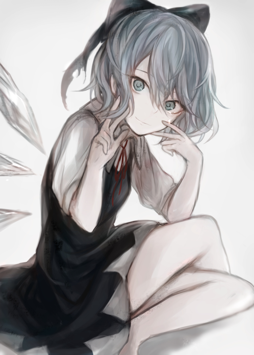 1girl blue_eyes blue_hair cirno dress hair_ribbon hasunokaeru ice ice_wings looking_at_viewer ribbon short_hair sitting smile solo touhou v wings