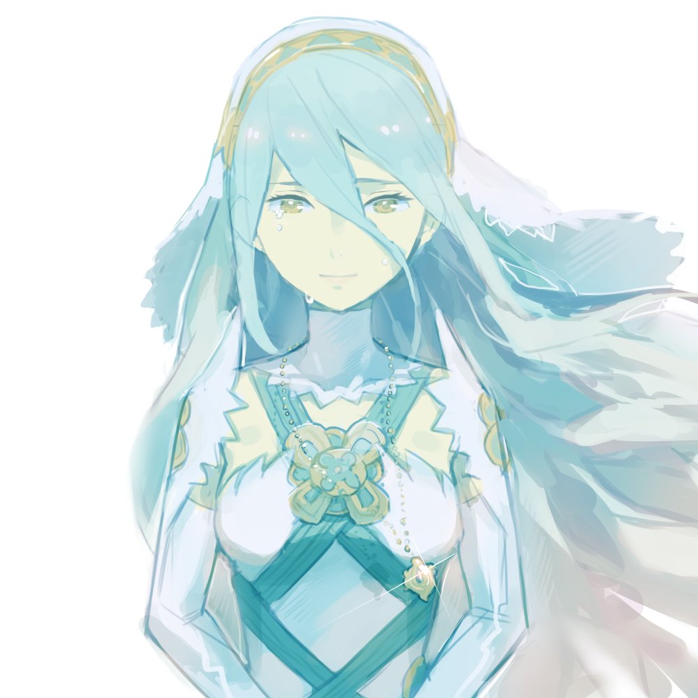 1girl aisutabetao aqua_(fire_emblem_if) blue_hair crying fire_emblem fire_emblem_if looking_at_viewer simple_background smile solo tears white_background yellow_eyes