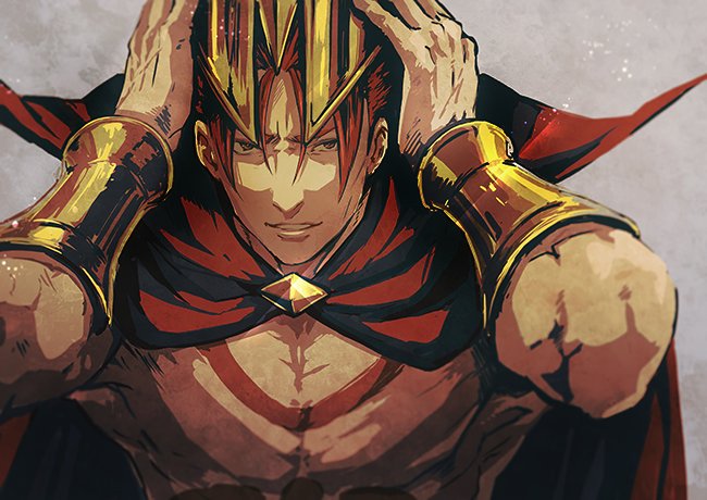 1boy bare_chest bracer brown_hair cape chest_tattoo fate/grand_order fate_(series) grey_background helmet iduhara_jugo leonidas_(fate/grand_order) looking_at_viewer male_focus parted_lips red_cape removing_helmet shirtless simple_background solo tattoo upper_body