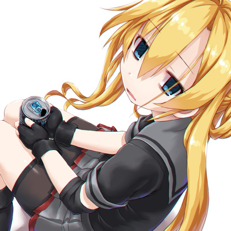 1girl abukuma_(kantai_collection) bangs bike_shorts black_gloves blonde_hair blue_eyes can dd_(ijigendd) double_bun empty_eyes energy_drink gloves hair_between_eyes hair_rings kantai_collection long_hair looking_at_viewer monster_energy open_mouth partly_fingerless_gloves pleated_skirt school_uniform serafuku short_sleeves shorts_under_skirt skirt solo